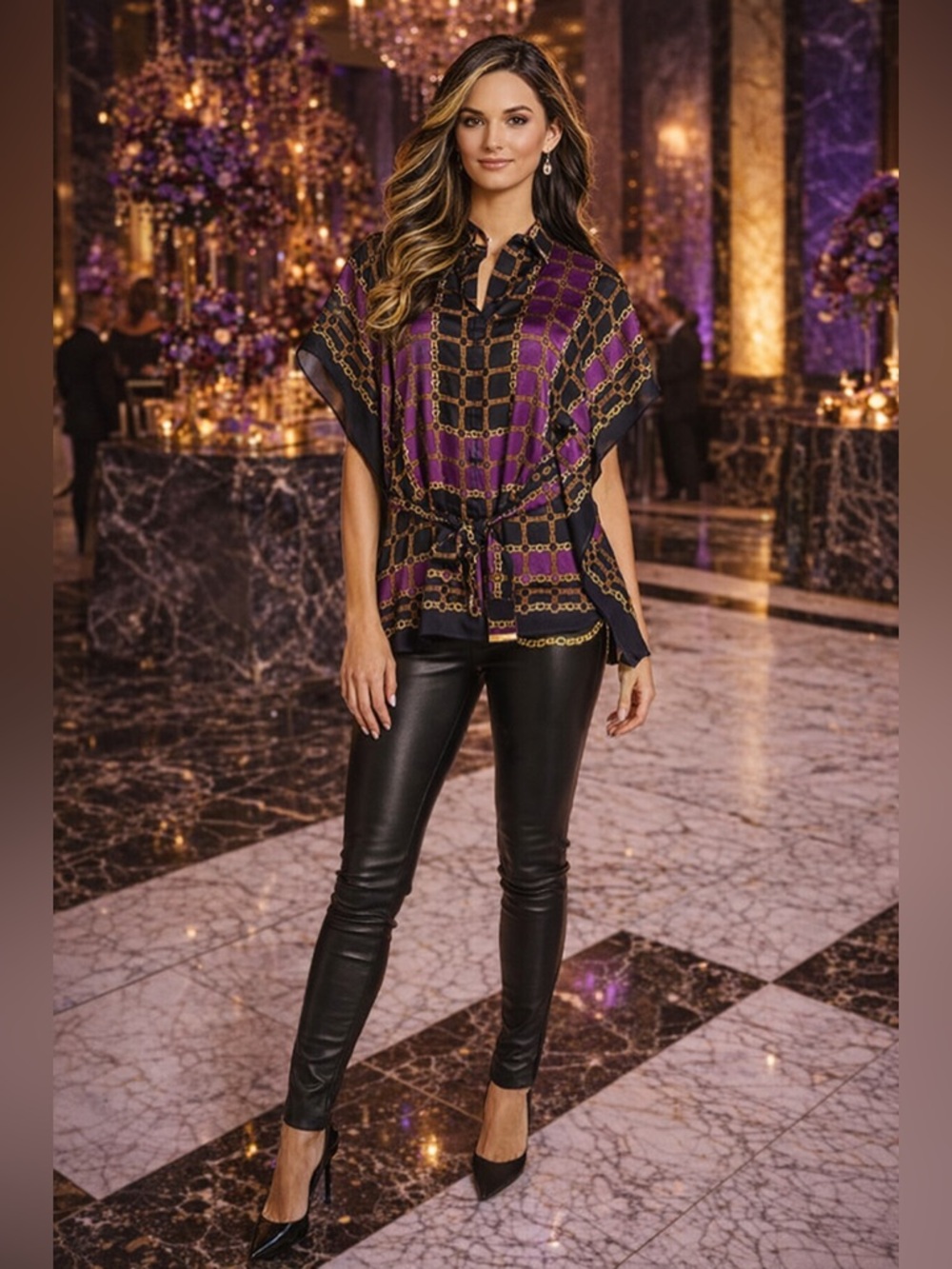 MICHAEL Michael Kors Violet Blaze Scarf-Print Belted Kimono Shirt L NWT $110